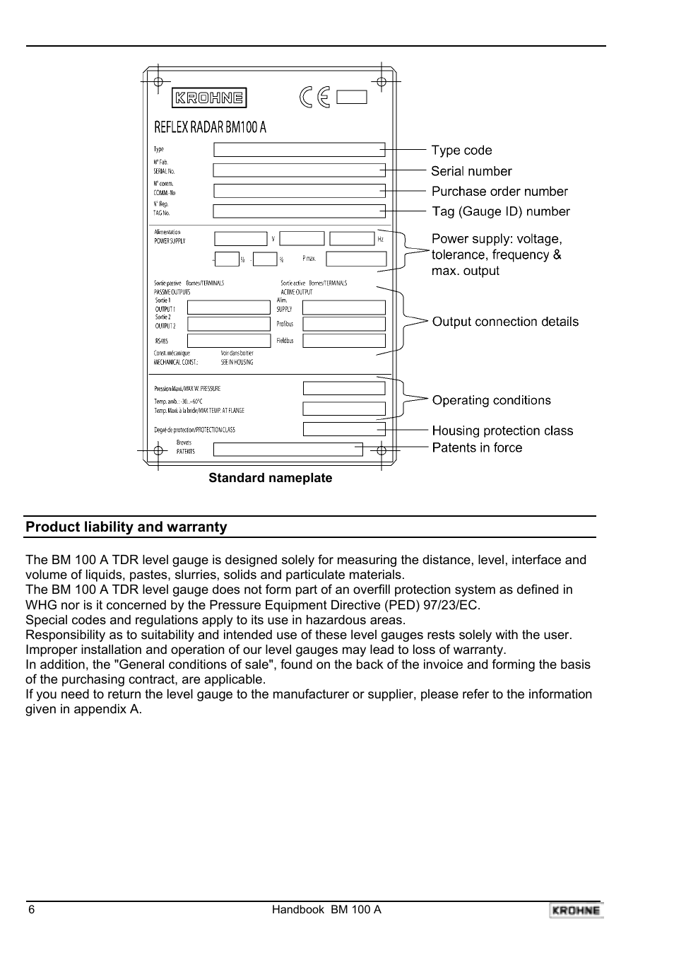 KROHNE BM 100A Handbook User Manual | Page 6 / 84