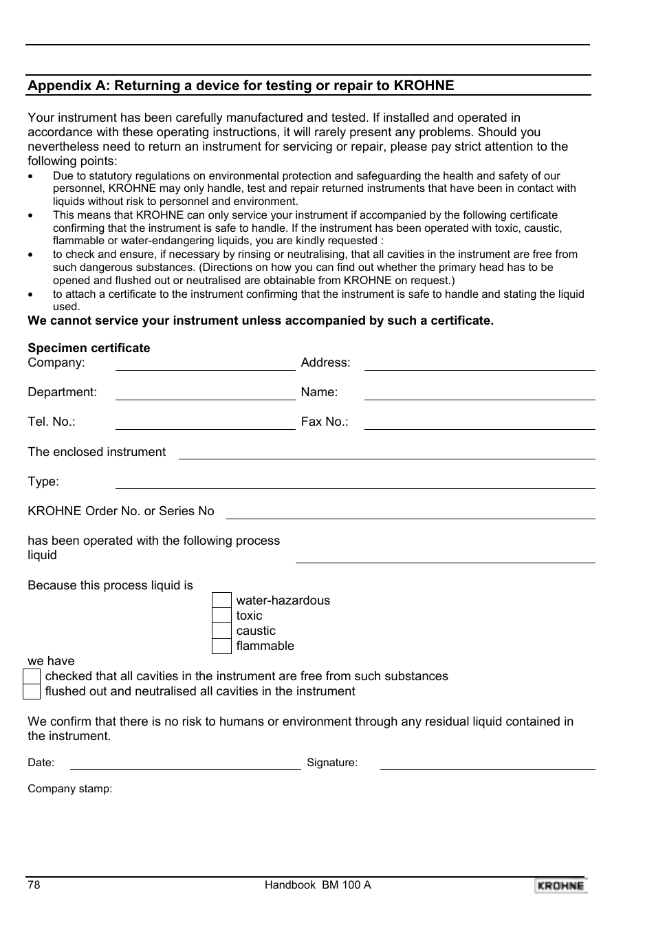 KROHNE BM 100A Handbook User Manual | Page 78 / 84