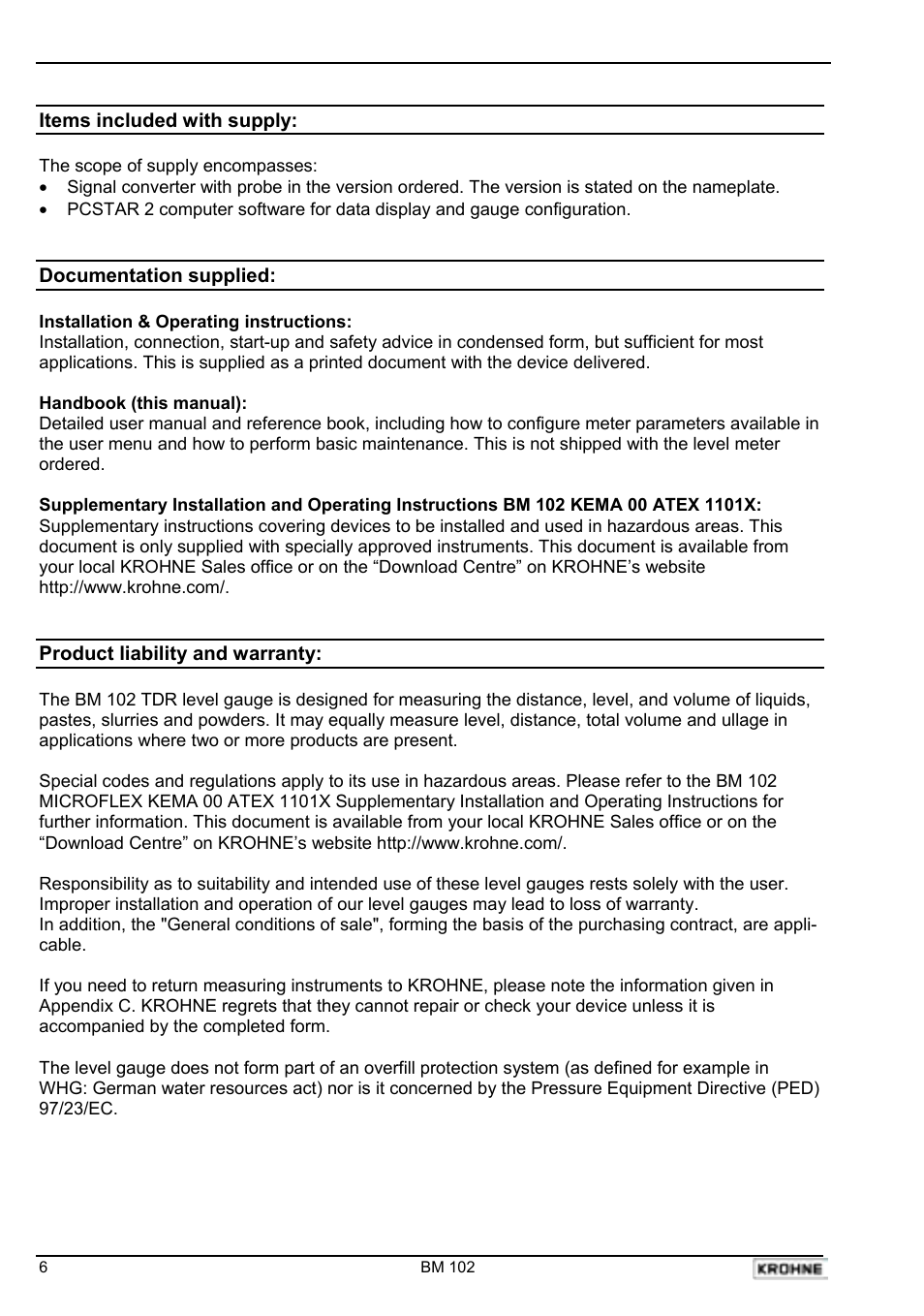 KROHNE BM 102 Handbook User Manual | Page 6 / 92