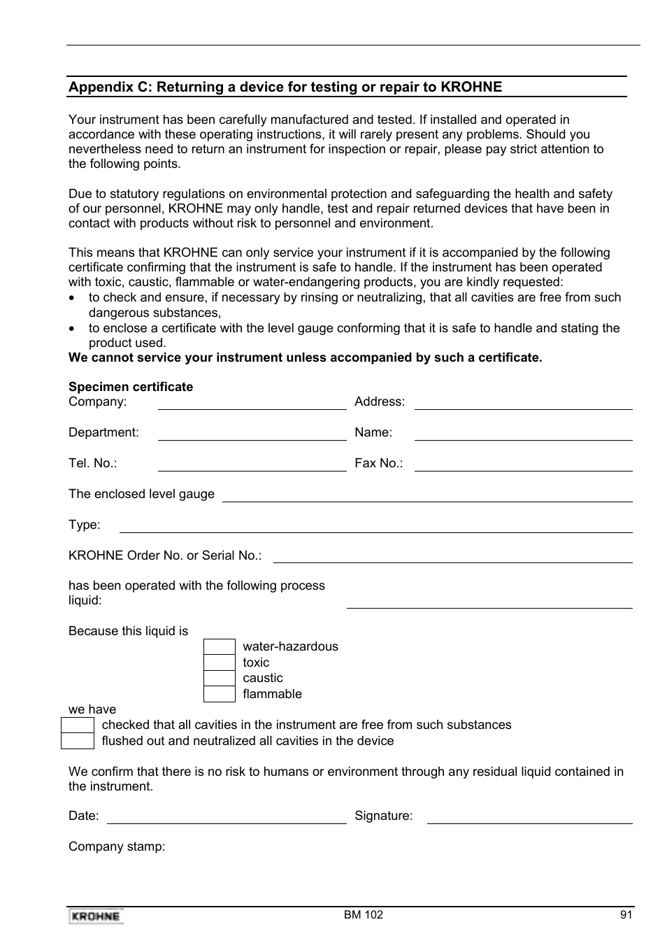 KROHNE BM 102 Handbook User Manual | Page 91 / 92