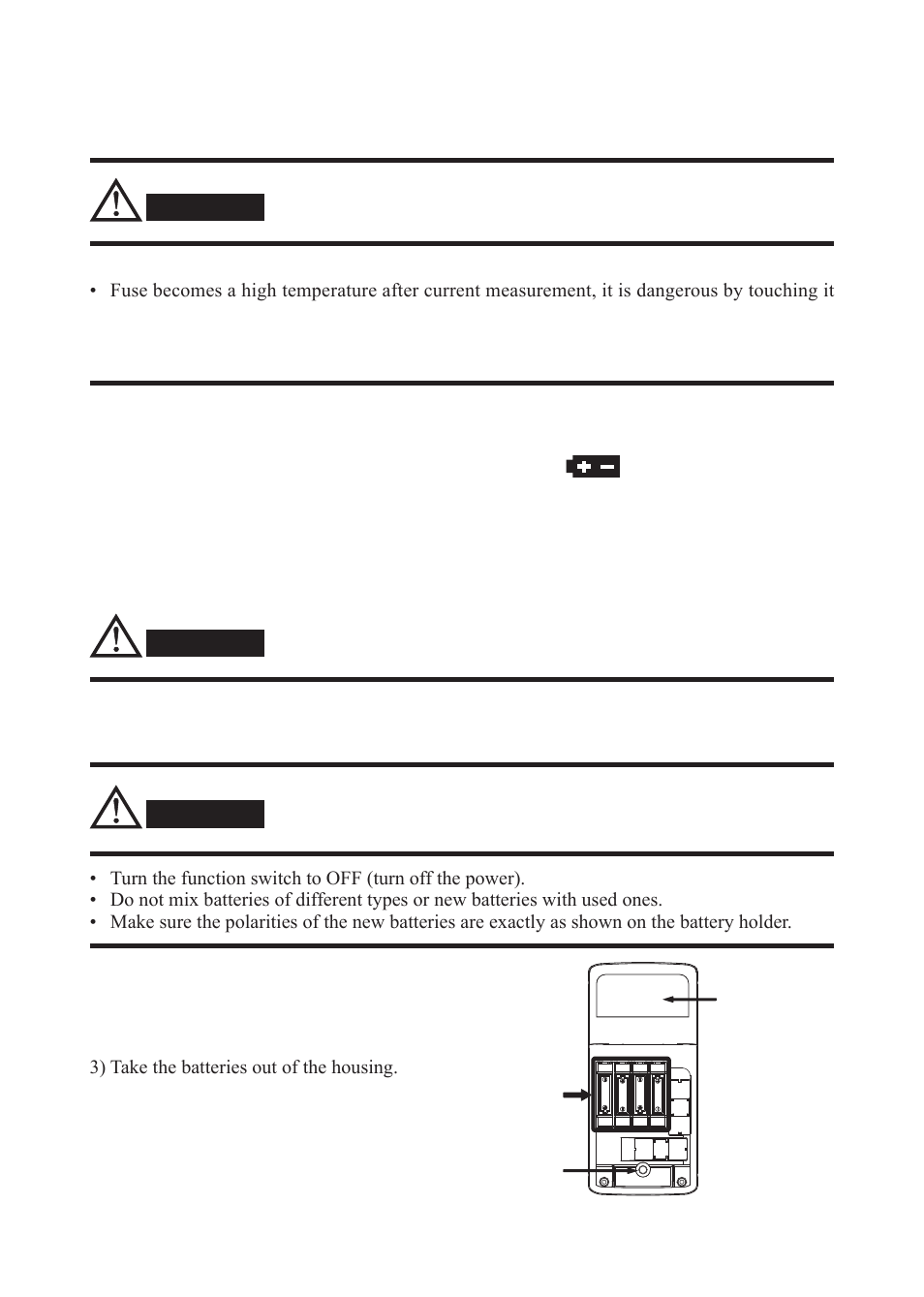 Battery and fuse replacement, 1 battery replacement, W arnin g | Caution | KYORITSU 1062 User Manual | Page 54 / 58