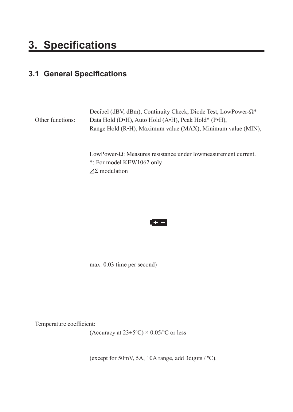 Specifications, 1 general specifications | KYORITSU 1062 User Manual | Page 9 / 58