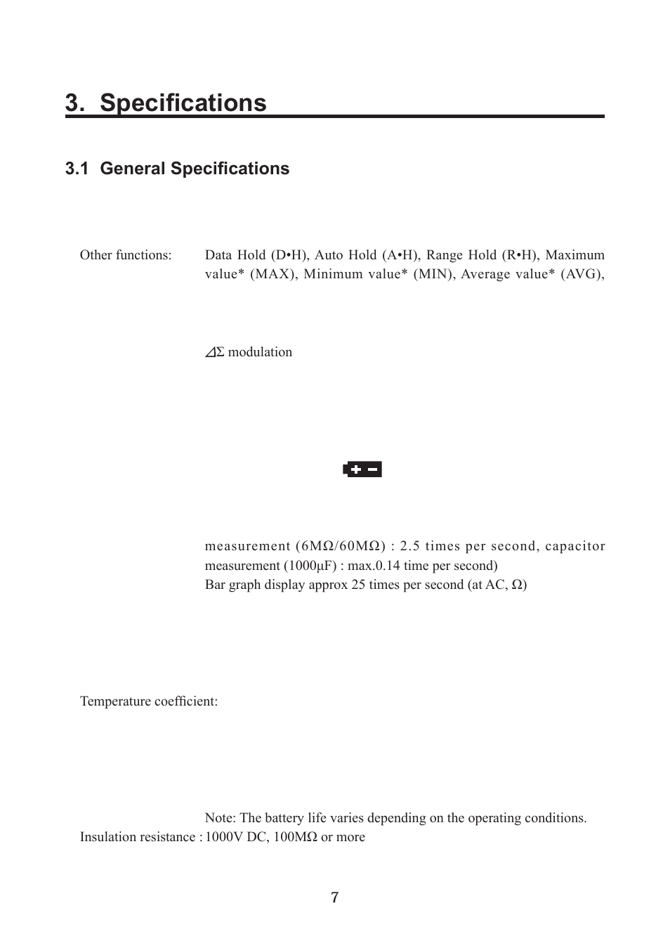 Specifications, 1 general specifications | KYORITSU 1052 User Manual | Page 8 / 40