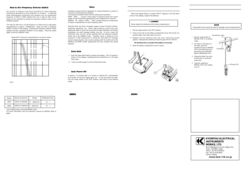 Battery replacement, Optional accesorries | KYORITSU 2431 User Manual | Page 2 / 2