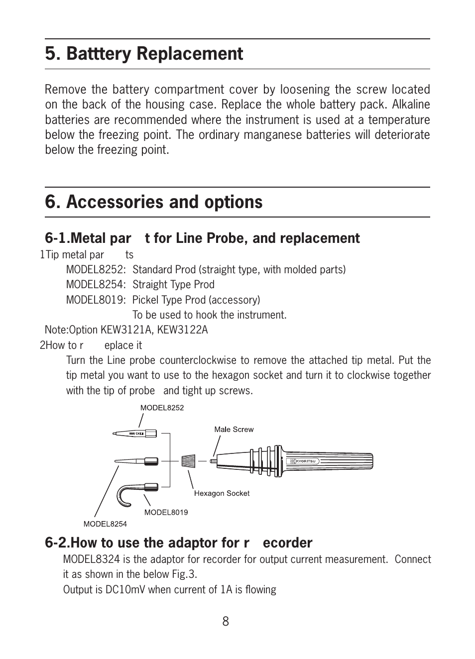 Batttery replacement, Accessories and options, 1. metal part for line probe, and replacement | 2. how to use the adaptor for recorder | KYORITSU 3123A User Manual | Page 10 / 12