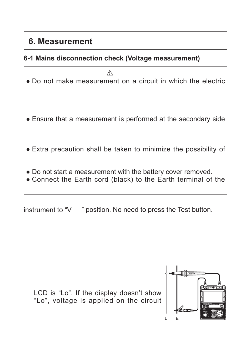 Measurement, 1 mains disconnection check (voltage measurement) | KYORITSU 3126 User Manual | Page 14 / 28