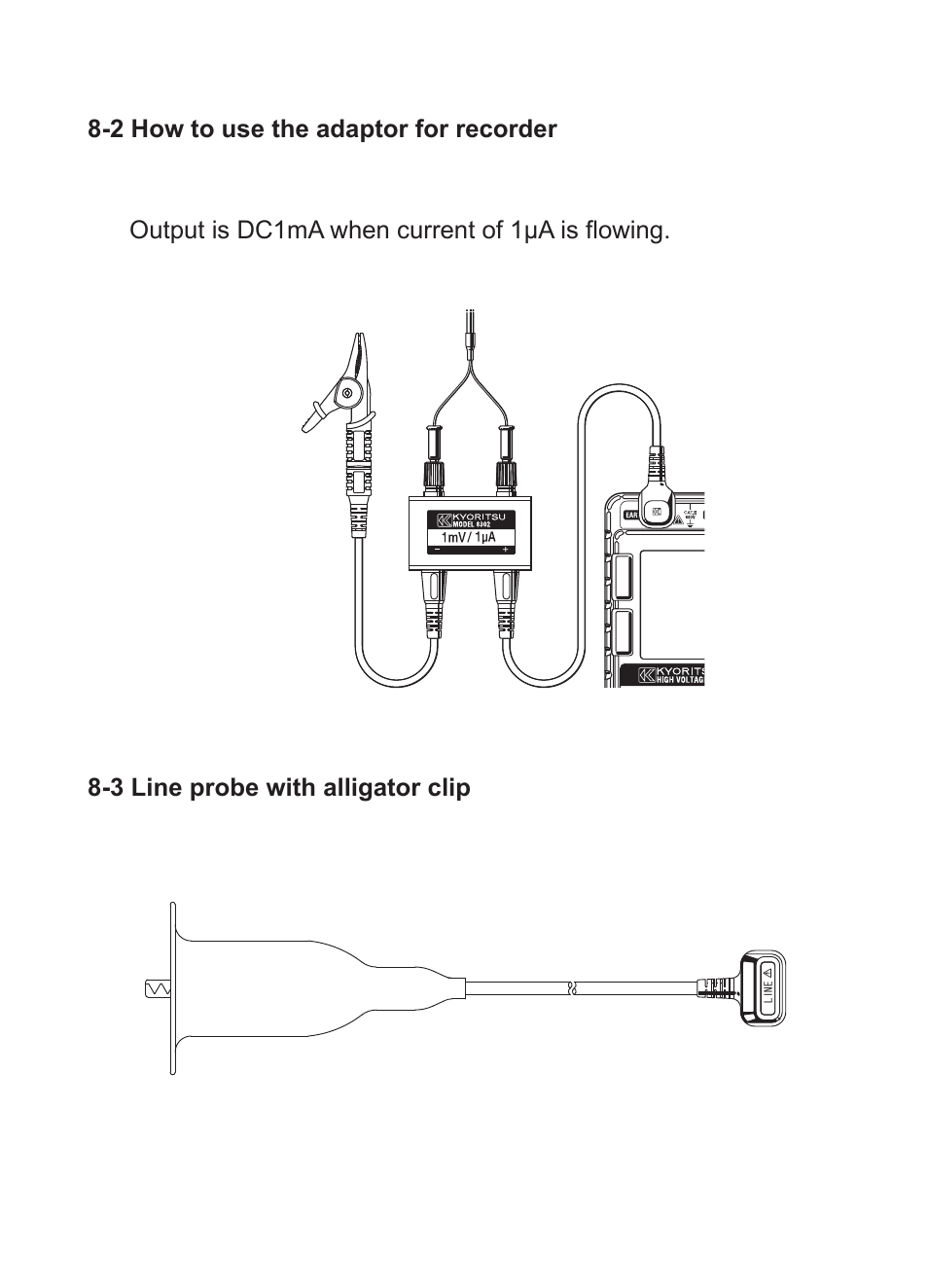 2 how to use the adaptor for recorder, 3 line probe with alligator clip | KYORITSU 3126 User Manual | Page 27 / 28