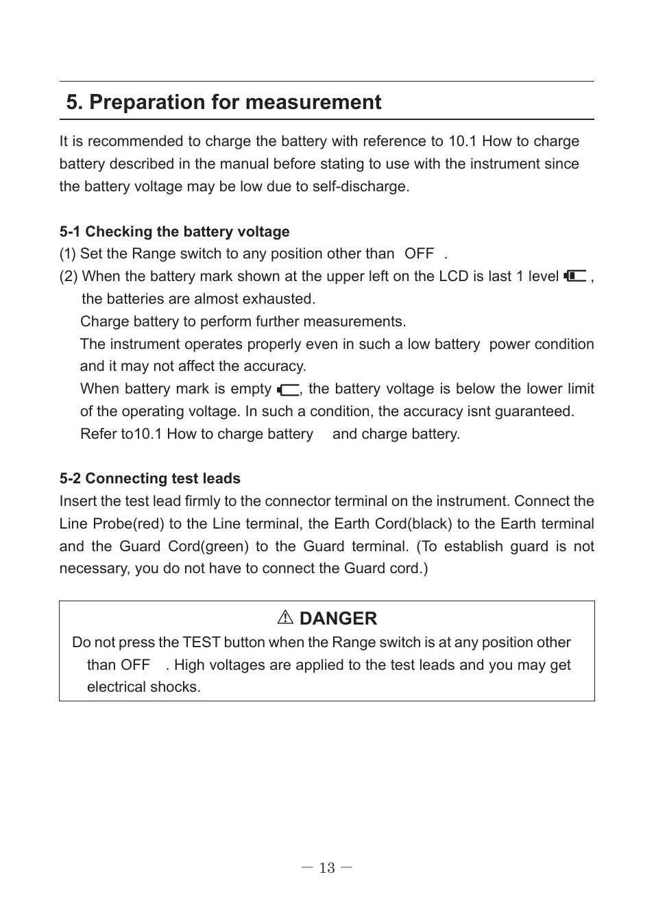 Preparation for measurement, Danger | KYORITSU 3127 User Manual | Page 16 / 60