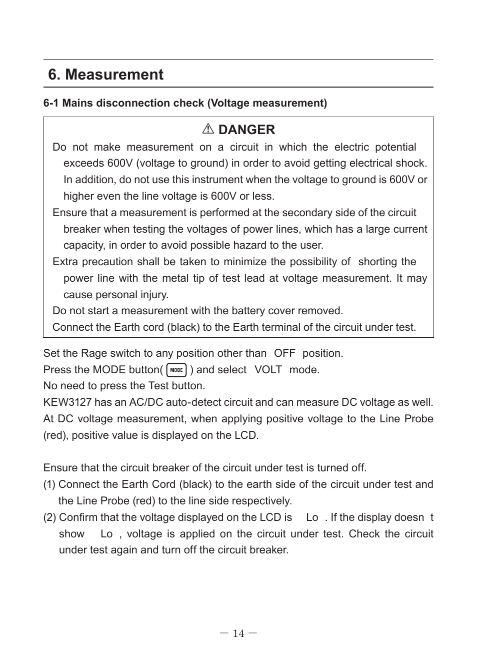 Measurement, Danger | KYORITSU 3127 User Manual | Page 17 / 60