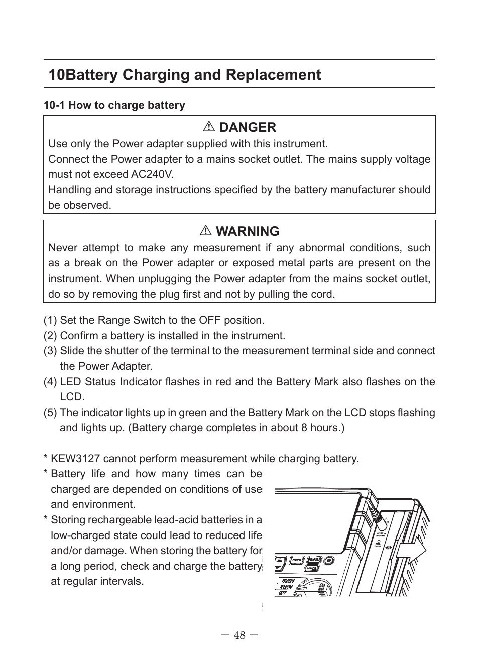 10 ． battery charging and replacement, Danger, Warning | KYORITSU 3127 User Manual | Page 51 / 60