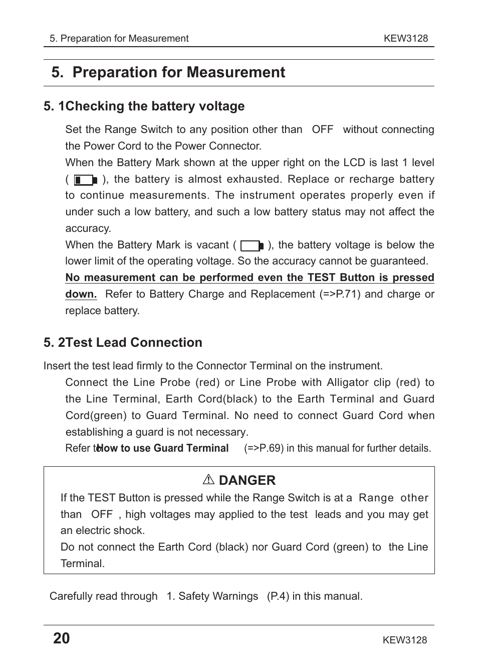 Preparation for measurement, 1 checking the battery voltage, 2 test lead connection | Danger | KYORITSU 3128 User Manual | Page 24 / 88