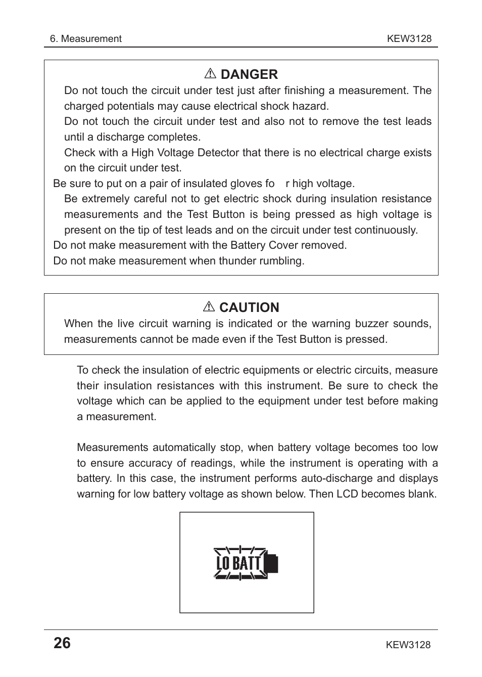 Danger, Caution | KYORITSU 3128 User Manual | Page 30 / 88