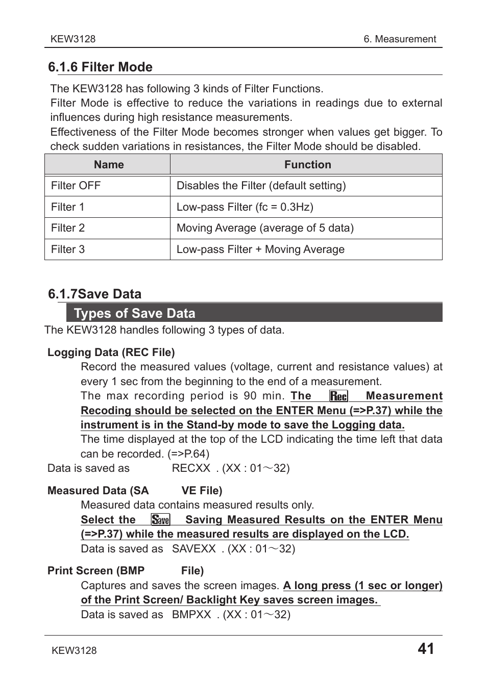 6 filter mode, 7 save data, Types of save data | KYORITSU 3128 User Manual | Page 45 / 88