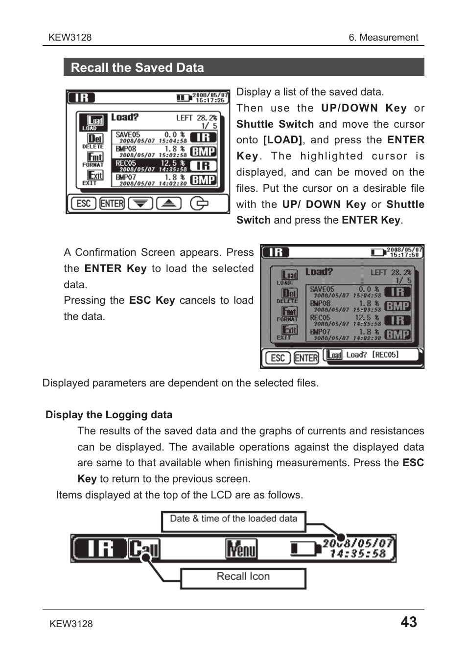 Recall the saved data | KYORITSU 3128 User Manual | Page 47 / 88