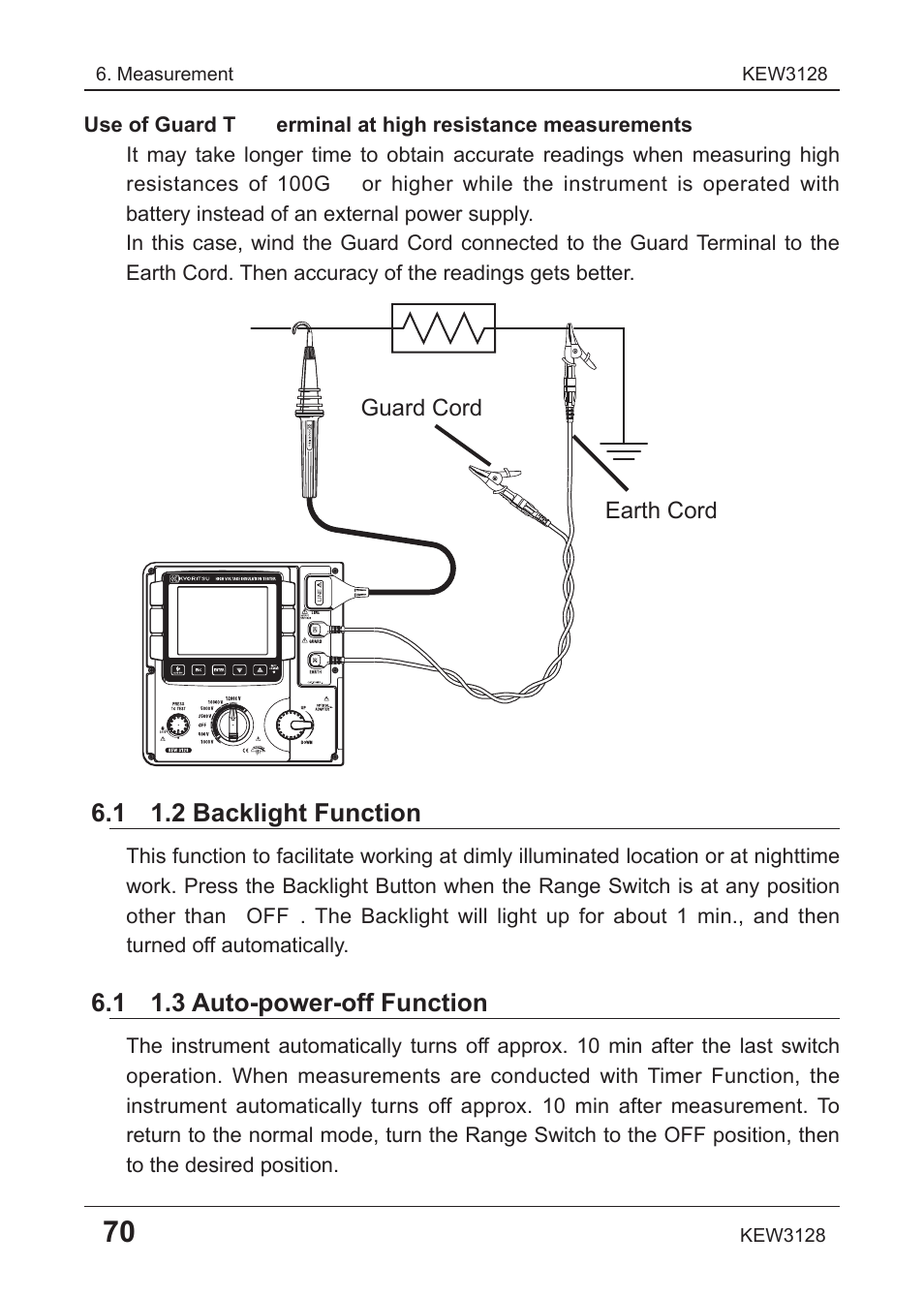 2 backlight function, 3 auto-power-off function, Guard cord earth cord | KYORITSU 3128 User Manual | Page 74 / 88