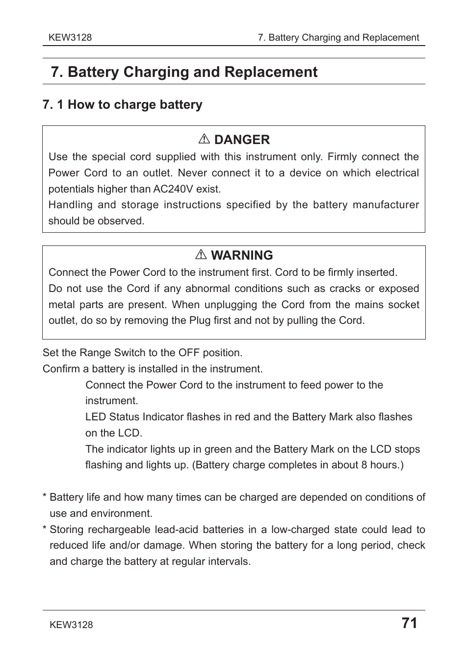 Battery charging and replacement, 1 how to charge battery # danger, Warning | KYORITSU 3128 User Manual | Page 75 / 88