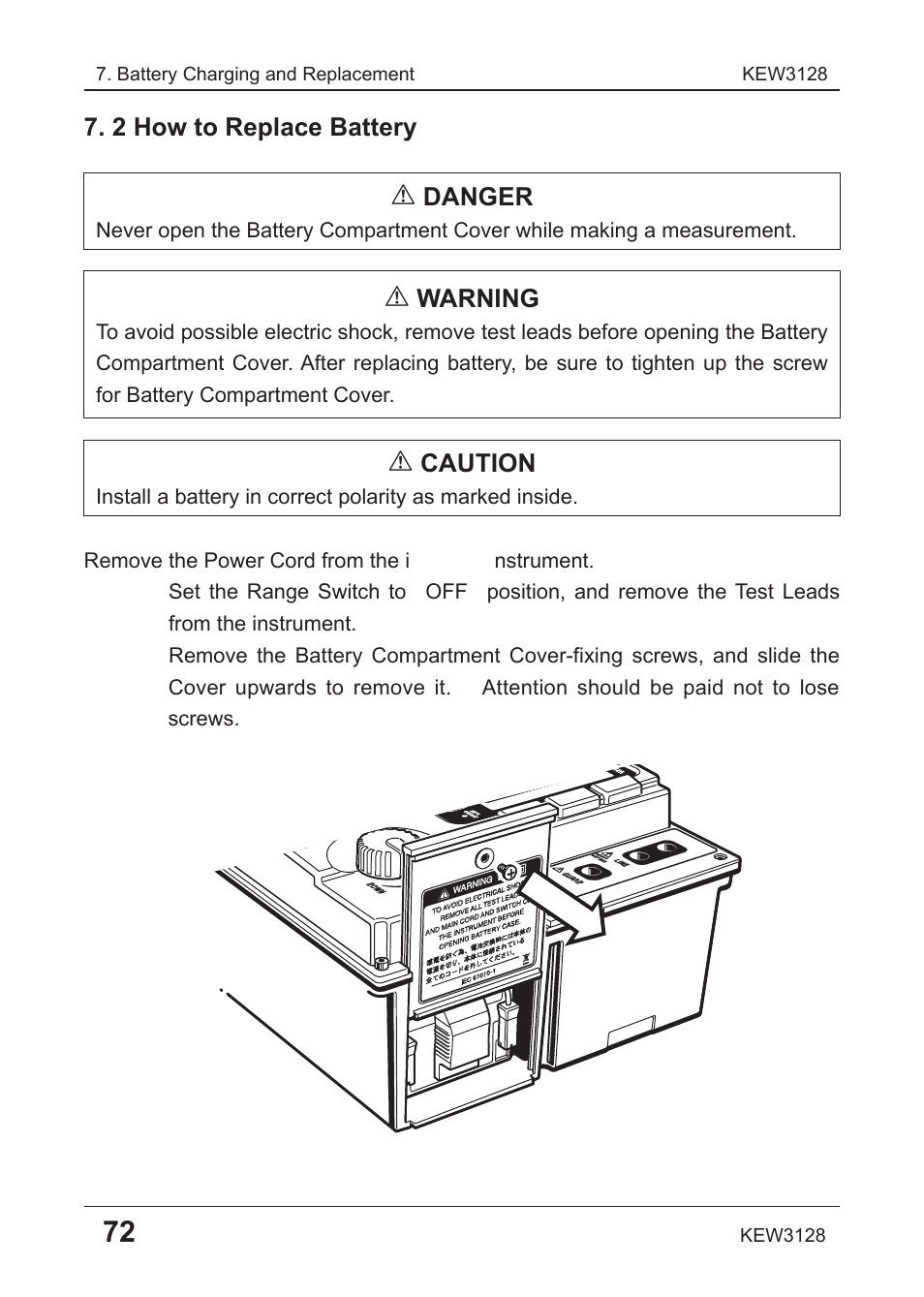 2 how to replace battery # danger, Warning, Caution | KYORITSU 3128 User Manual | Page 76 / 88
