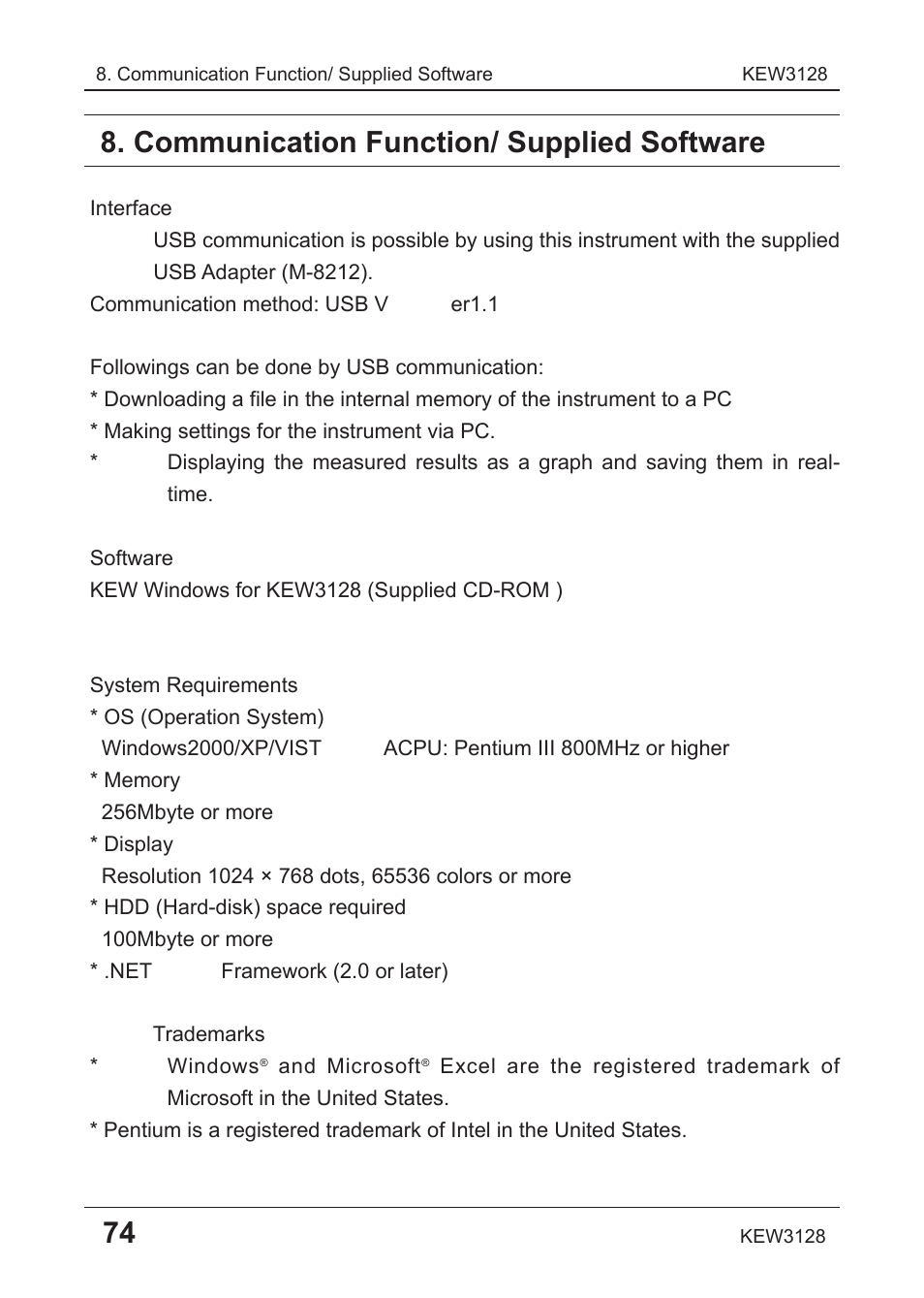 Communication function/ supplied software | KYORITSU 3128 User Manual | Page 78 / 88