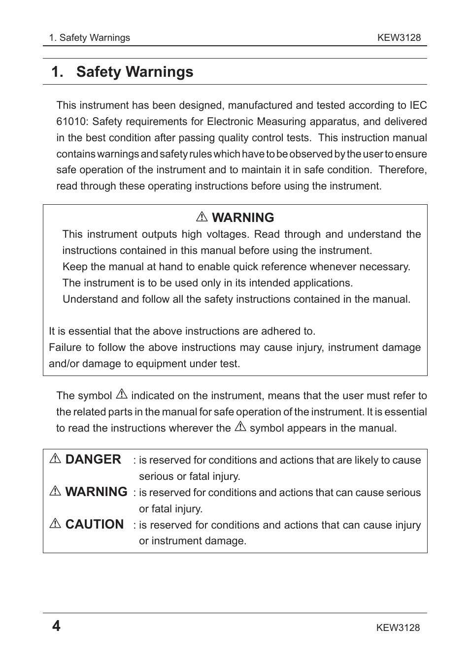 Safety warnings, Warning, Danger | Caution | KYORITSU 3128 User Manual | Page 8 / 88