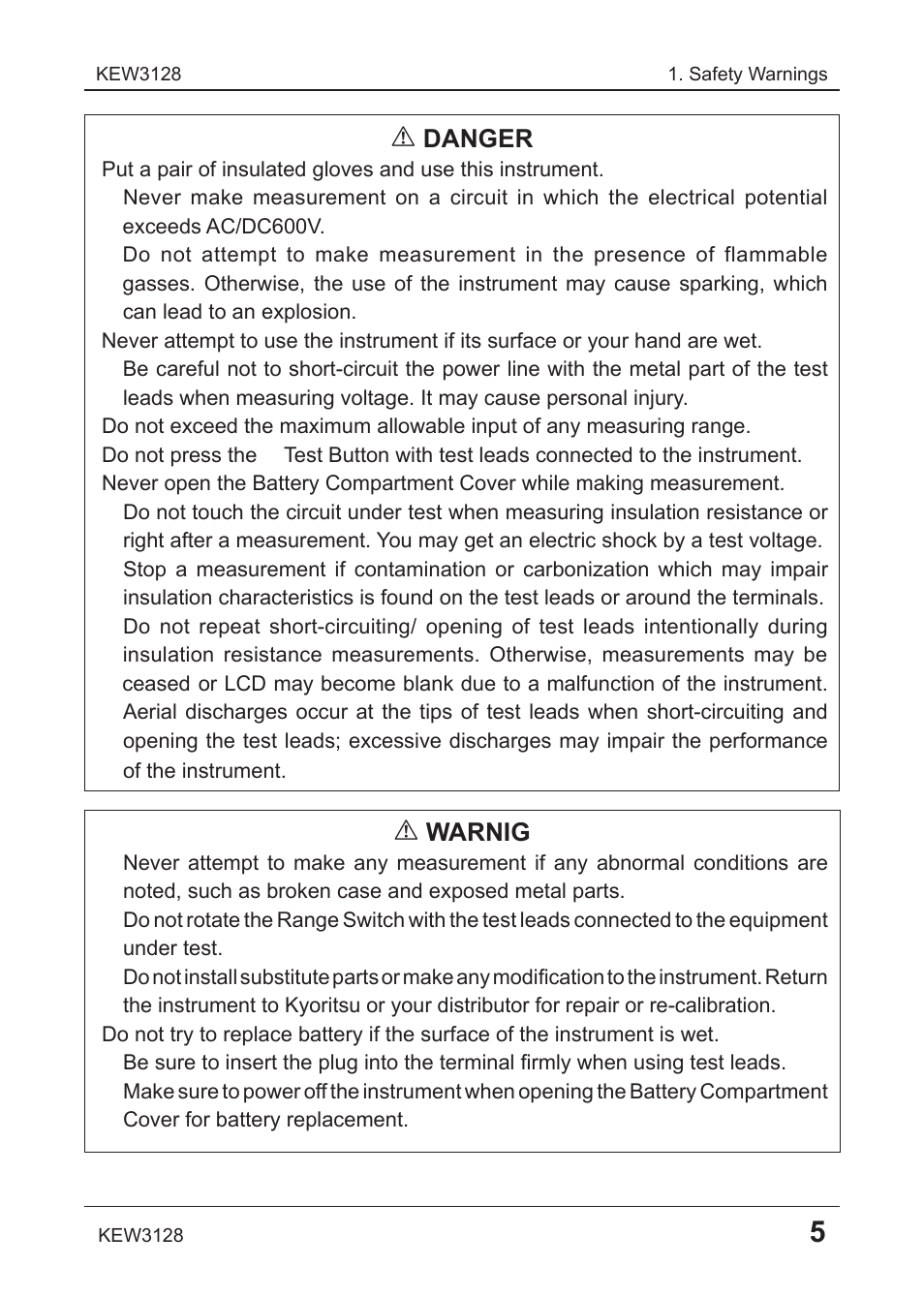 Danger, Warnig | KYORITSU 3128 User Manual | Page 9 / 88