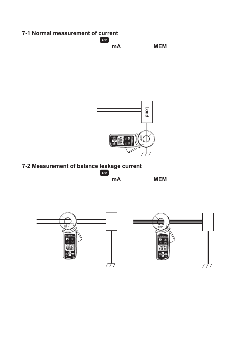 1 normal measurement of current, 2 measurement of balance leakage current | KYORITSU 4202 User Manual | Page 13 / 24