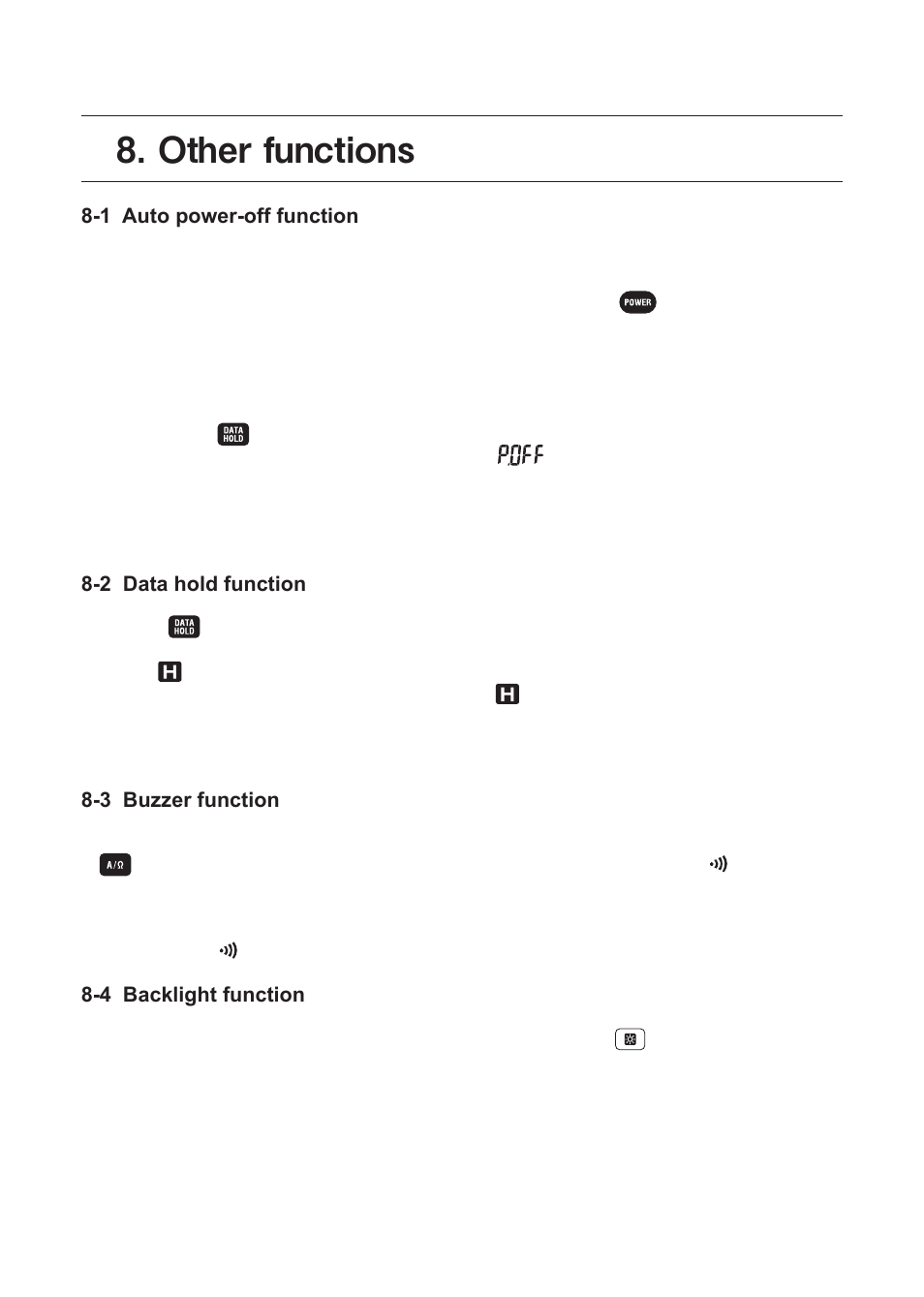 Other functions, 1 auto power-off function, 2 data hold function | 3 buzzer function, 4 backlight function | KYORITSU 4202 User Manual | Page 15 / 24