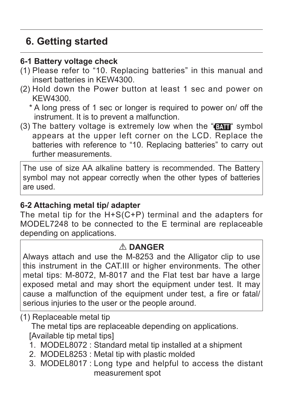 Getting started, 1 battery voltage check, 2 attaching metal tip/ adapter | KYORITSU 4300 User Manual | Page 13 / 24