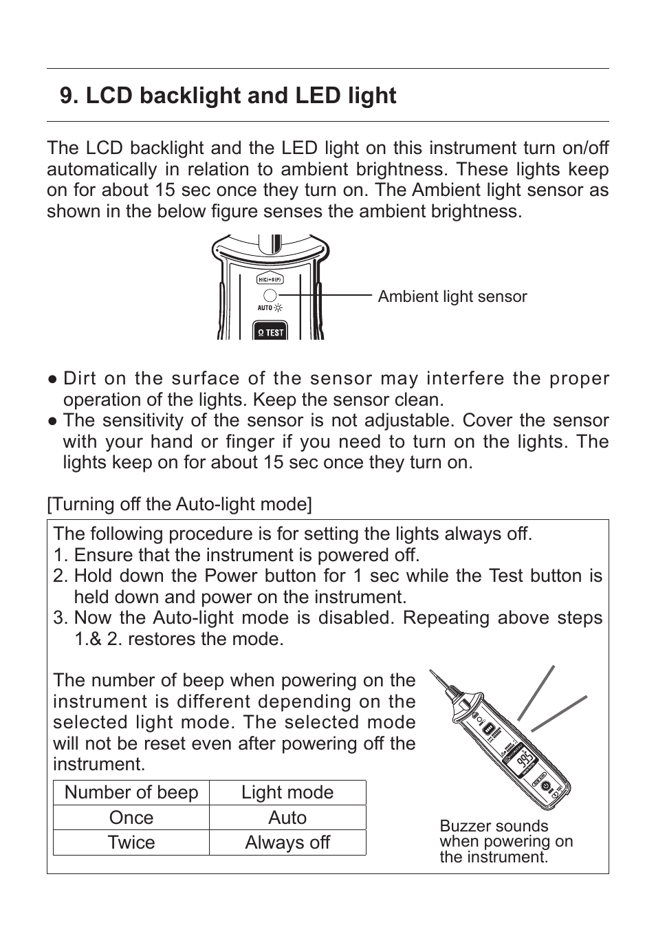 Lcd backlight and led light | KYORITSU 4300 User Manual | Page 20 / 24