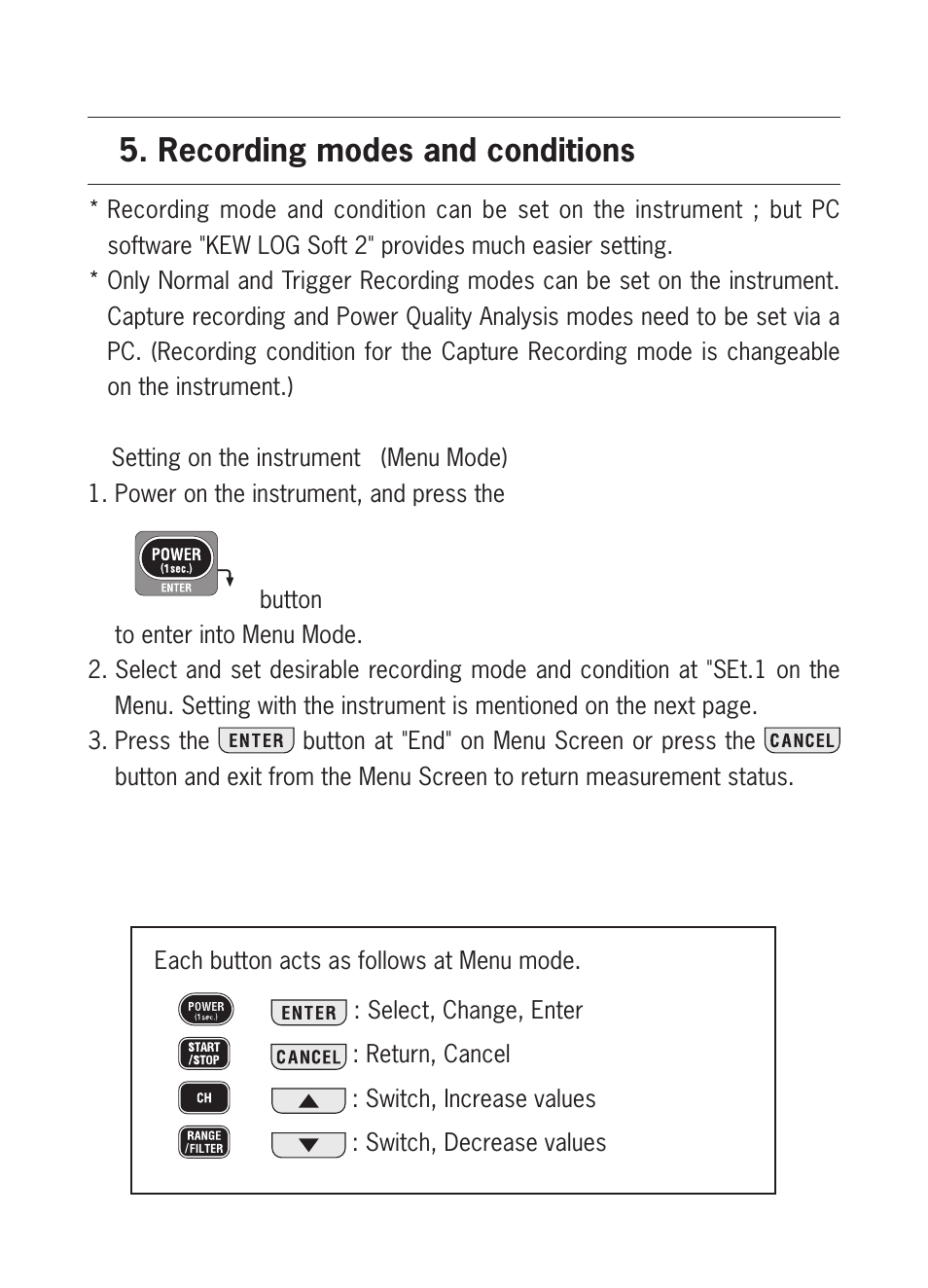 Recording modes and conditions | KYORITSU 5020 Instruction Manual User Manual | Page 21 / 56
