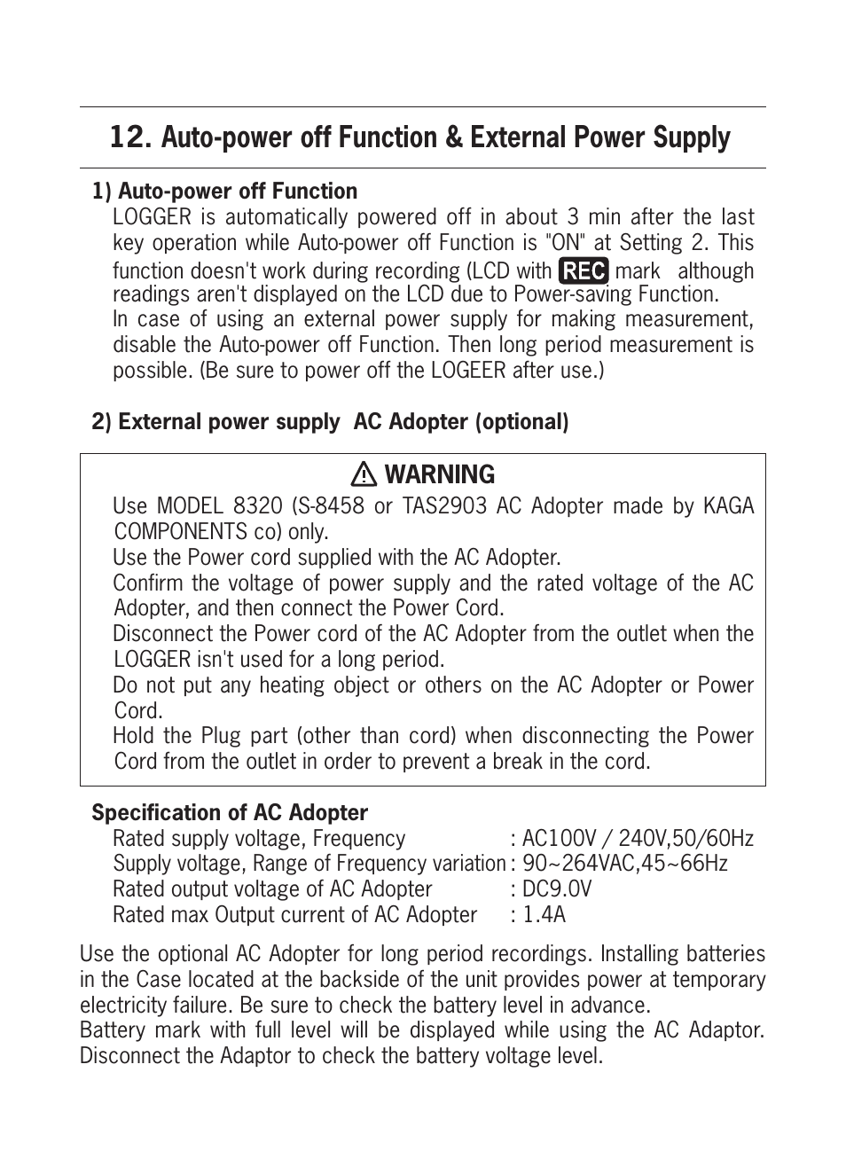 Auto-power off function & external power supply | KYORITSU 5020 Instruction Manual User Manual | Page 49 / 56