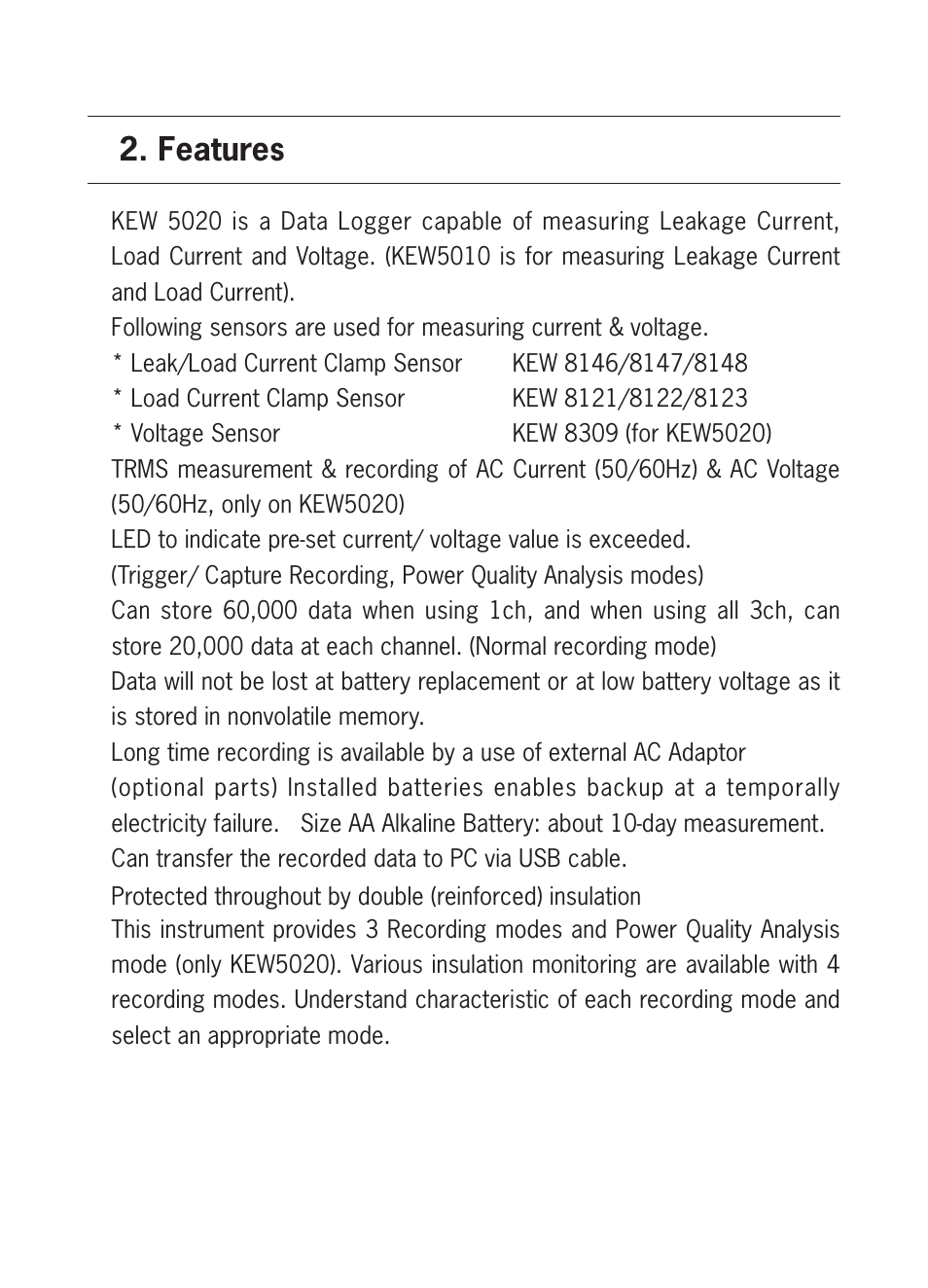 Features | KYORITSU 5020 Instruction Manual User Manual | Page 7 / 56