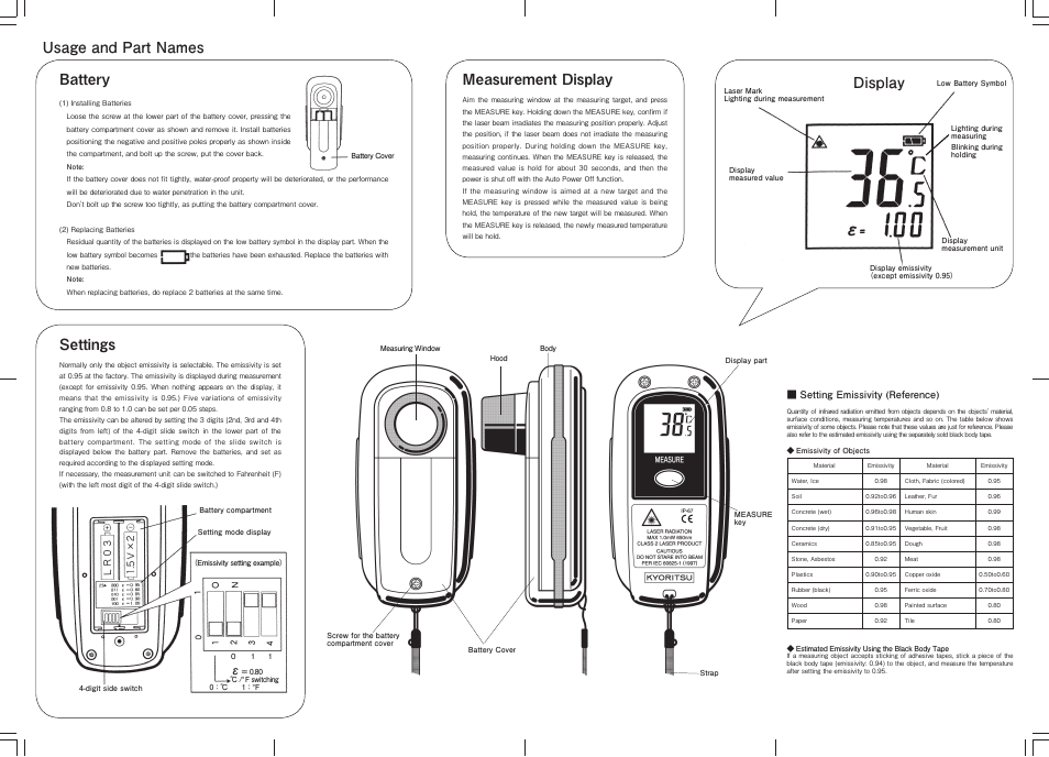 Measurement display, Battery, Settings | Usage and part names display | KYORITSU 5510 User Manual | Page 2 / 2