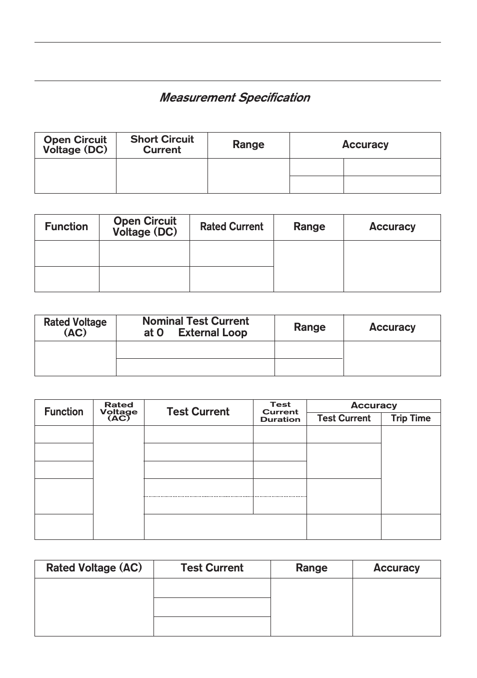 Specification, Measurement specification, Continuity | Loop impedance, Rcd uc, Insulation resistance | KYORITSU 6010B User Manual | Page 8 / 36
