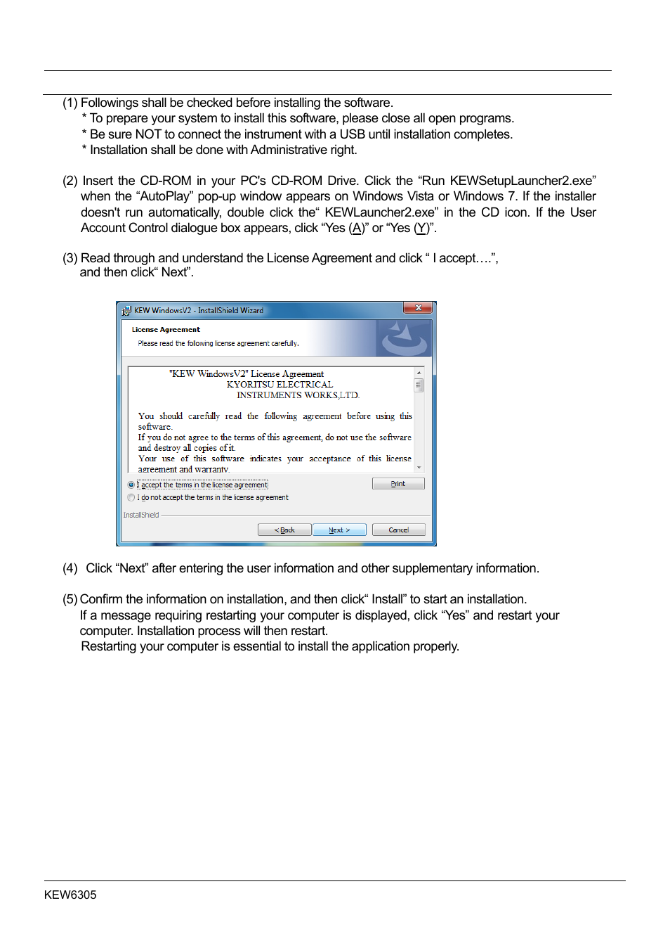 2 installing the “kew windows for kew6305, Installing the “kew windows for kew6305 | KYORITSU 6305 Instruction Manual User Manual | Page 119 / 138