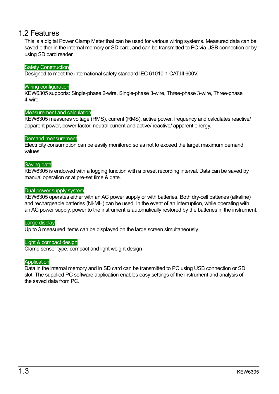 2 features | KYORITSU 6305 Instruction Manual User Manual | Page 12 / 138