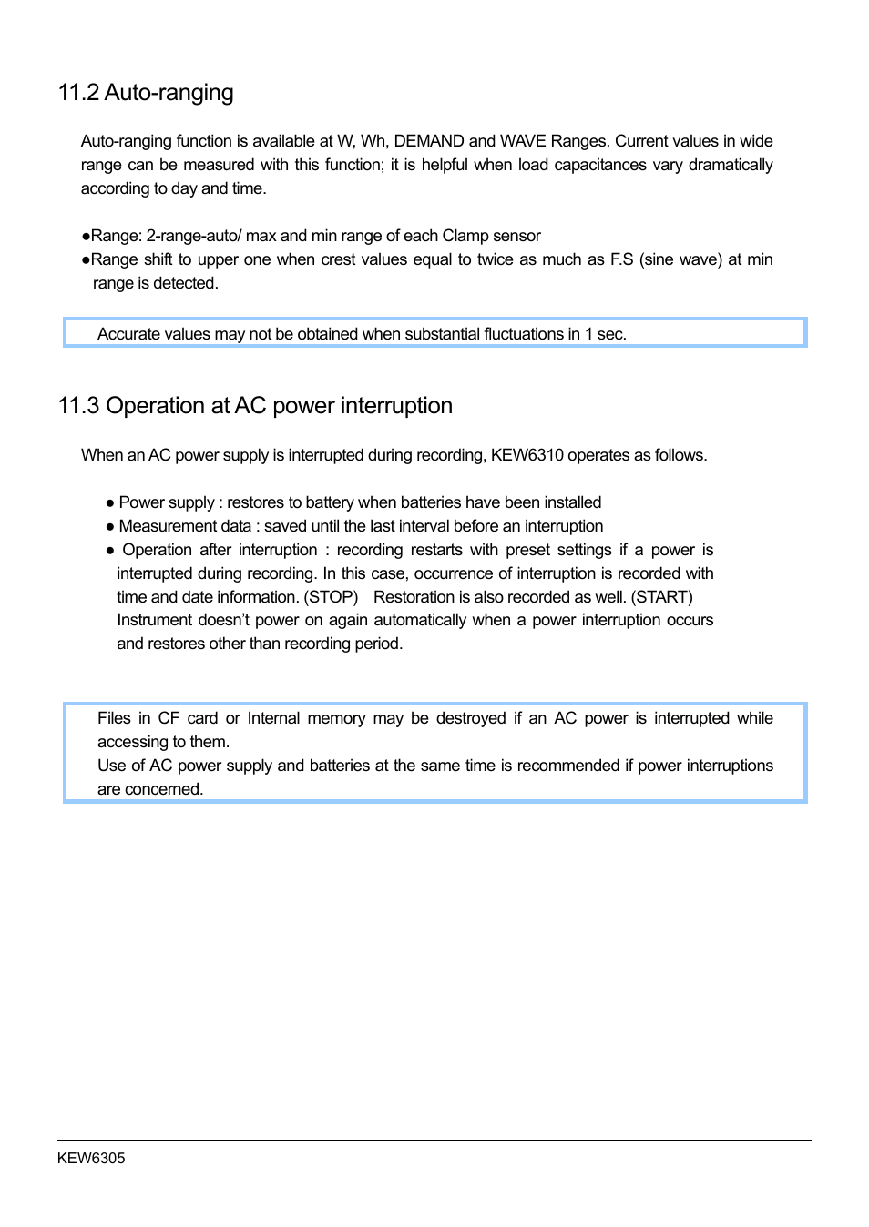 2 auto-ranging, 3 operation at ac power interruption | KYORITSU 6305 Instruction Manual User Manual | Page 127 / 138