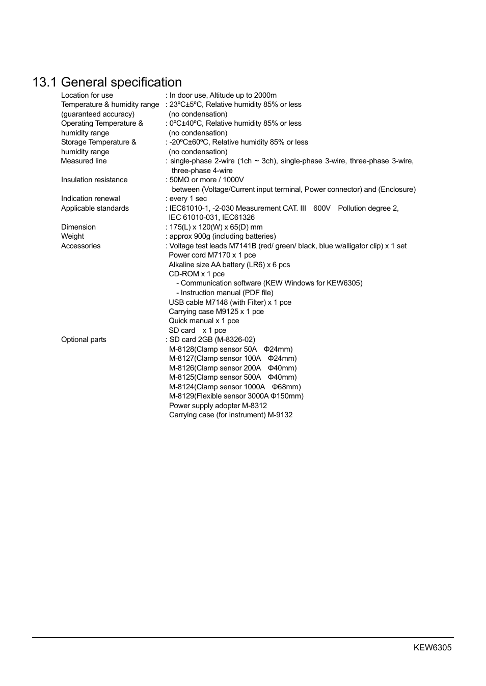 Specification, 1 general specification | KYORITSU 6305 Instruction Manual User Manual | Page 130 / 138