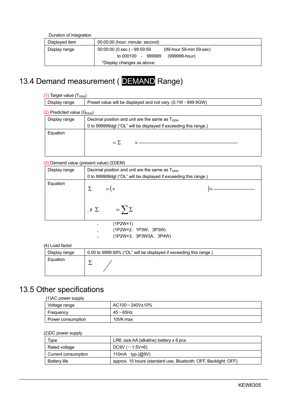 4 demand measurement, 5 other specifications, 4 demand measurement ( demand range) | Σ= σ demi dem, Tdem σ | KYORITSU 6305 Instruction Manual User Manual | Page 134 / 138