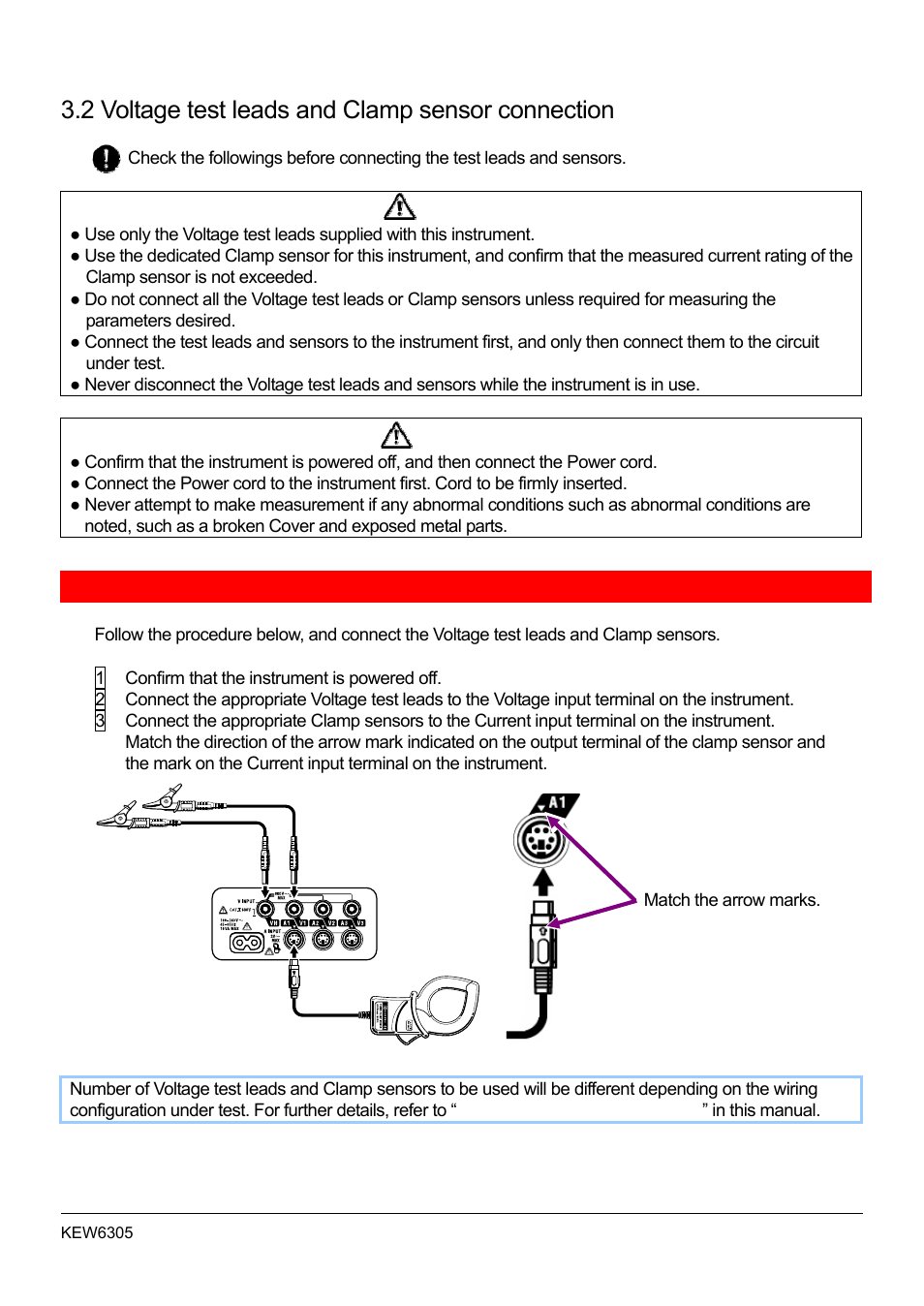 2 voltage test leads and clamp sensor connection | KYORITSU 6305 Instruction Manual User Manual | Page 25 / 138