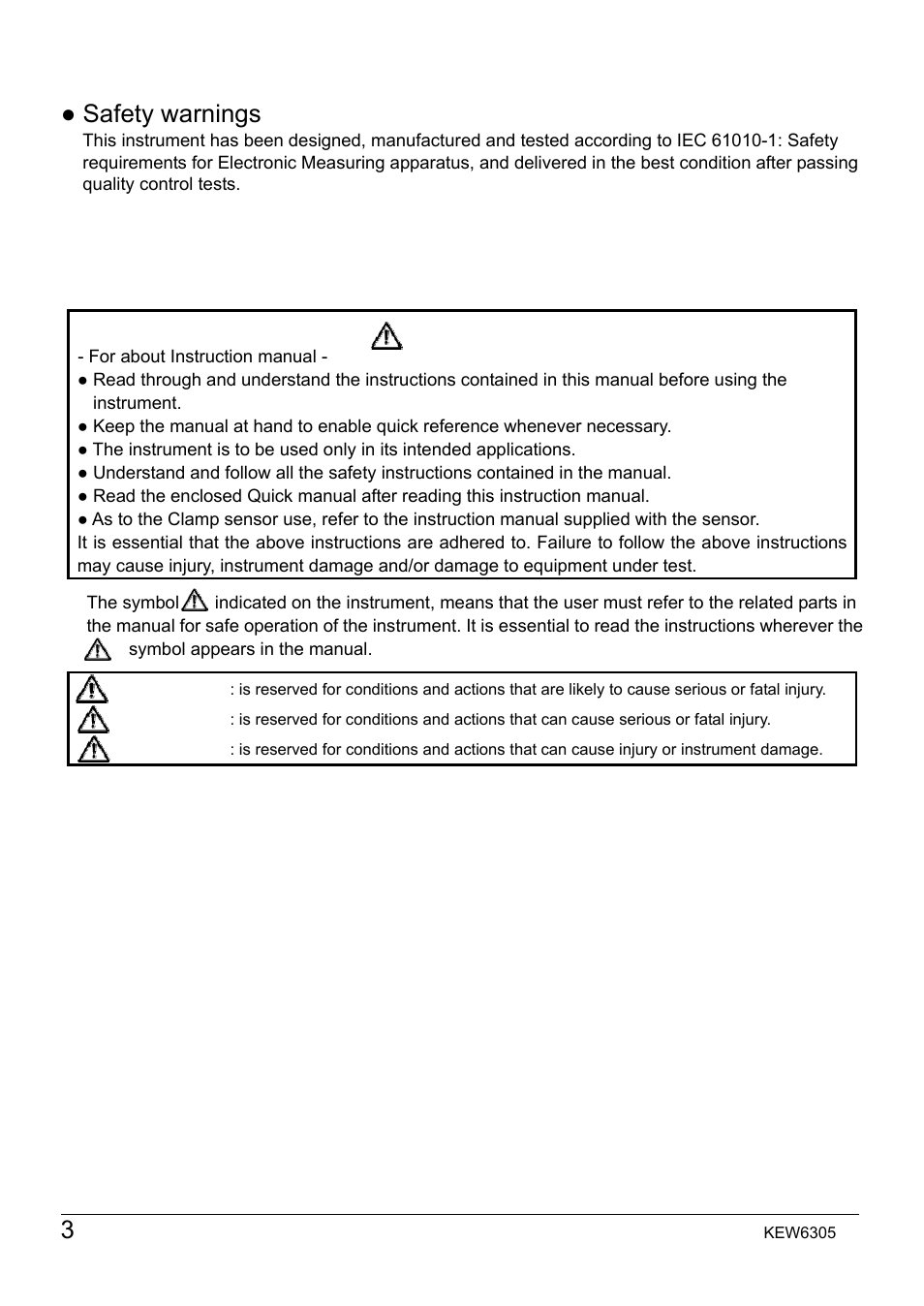 Safety warnings | KYORITSU 6305 Instruction Manual User Manual | Page 4 / 138