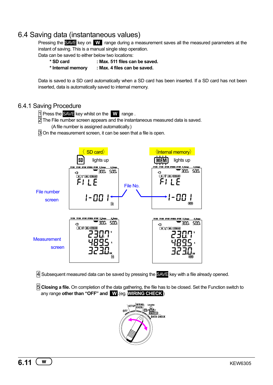 4 saving data (instantaneous values), 1 saving procedure | KYORITSU 6305 Instruction Manual User Manual | Page 76 / 138