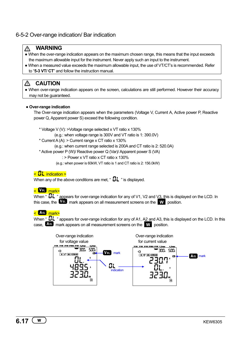 5-2 over-range indication/ bar indication, Warning, Caution | KYORITSU 6305 Instruction Manual User Manual | Page 82 / 138
