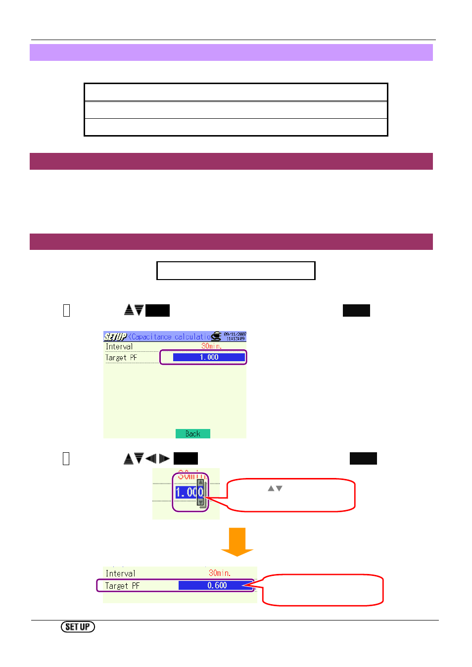 Setting for capacitance calculation, Setting for interval, Setting for target power factor | KYORITSU 6310 Instruction Manual User Manual | Page 98 / 300