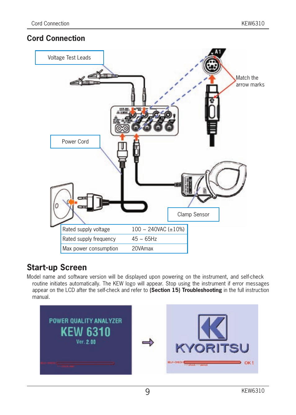 Start-up screen, Cord connection | KYORITSU 6310 Quick Manual User Manual | Page 11 / 45