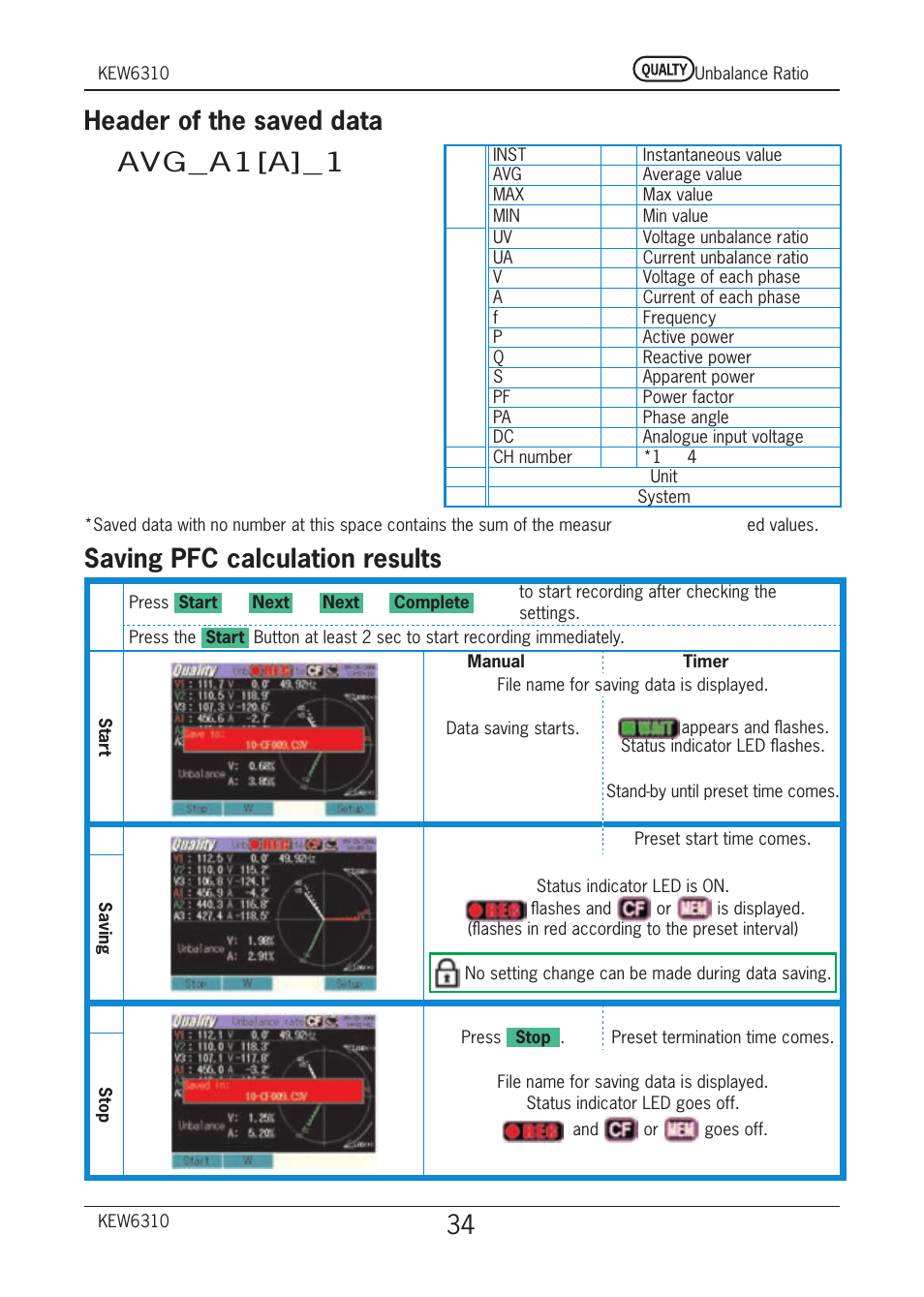 Header of the saved data, Avg_a1[a]_1, Saving pfc calculation results | KYORITSU 6310 Quick Manual User Manual | Page 36 / 45