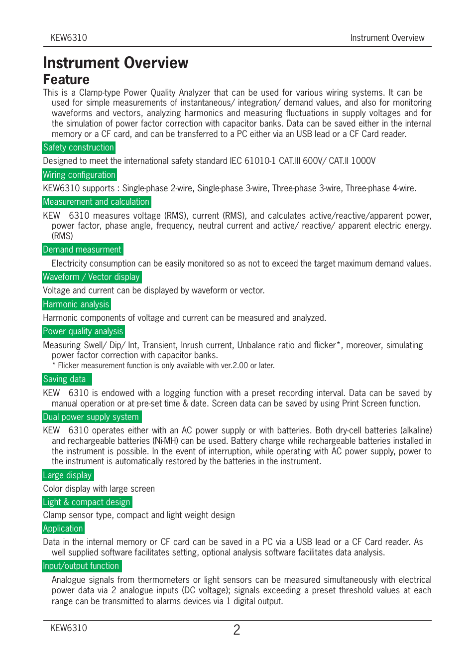 Instrument overview, Feature | KYORITSU 6310 Quick Manual User Manual | Page 4 / 45