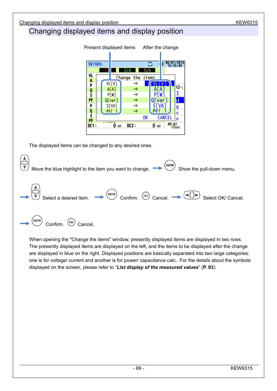 Changing displayed items and display position | KYORITSU 6315 Instruction Manual User Manual | Page 101 / 163