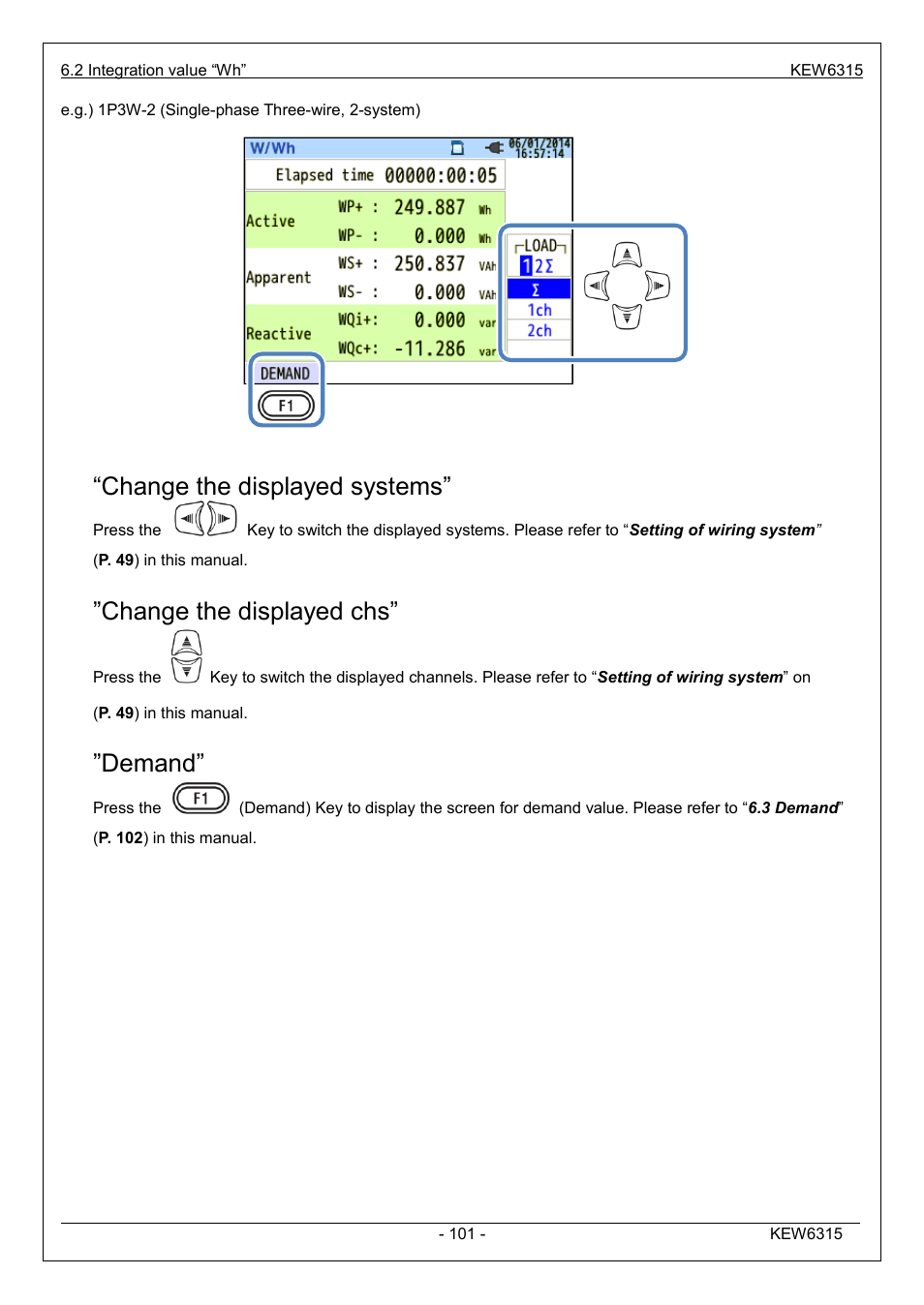 Change the displayed systems, Change the displayed chs, Demand | KYORITSU 6315 Instruction Manual User Manual | Page 103 / 163