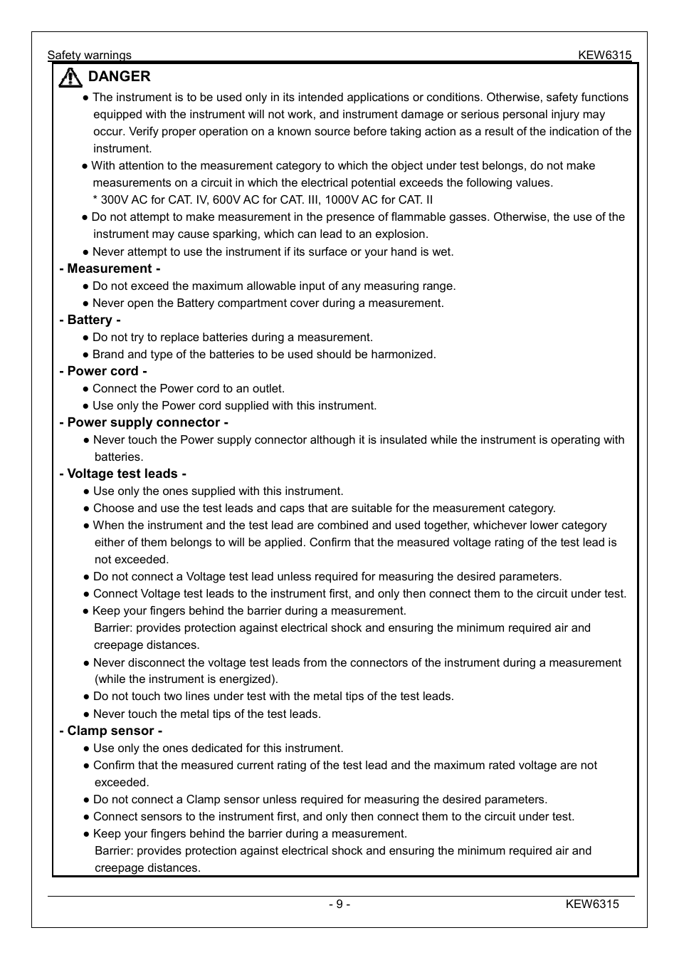 Danger | KYORITSU 6315 Instruction Manual User Manual | Page 11 / 163