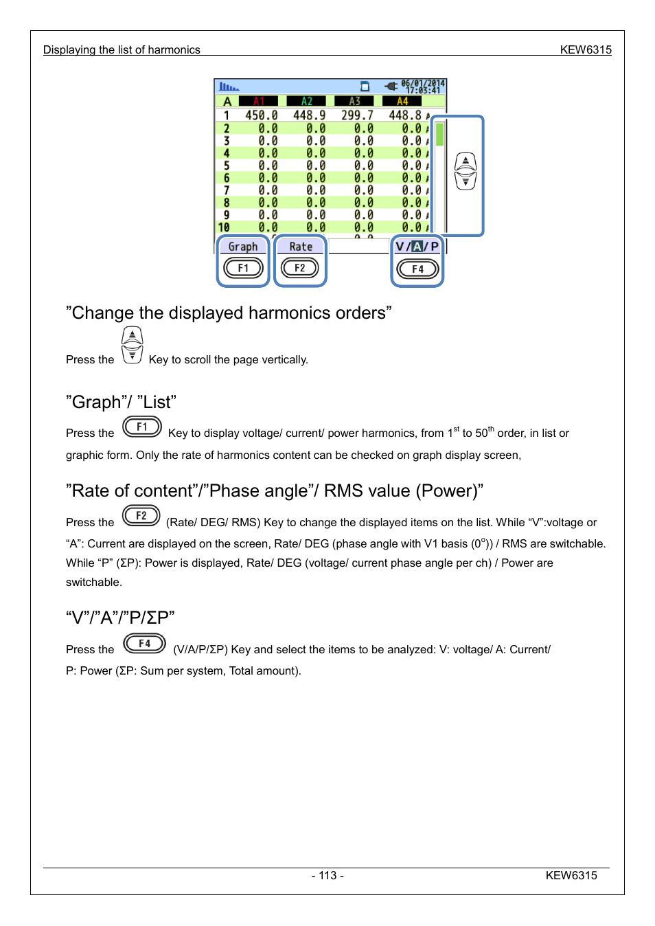 Change the displayed harmonics orders, Graph”/ ”list, Rate of content”/”phase angle”/ rms value (power) | V”/”a”/”p/σp | KYORITSU 6315 Instruction Manual User Manual | Page 115 / 163